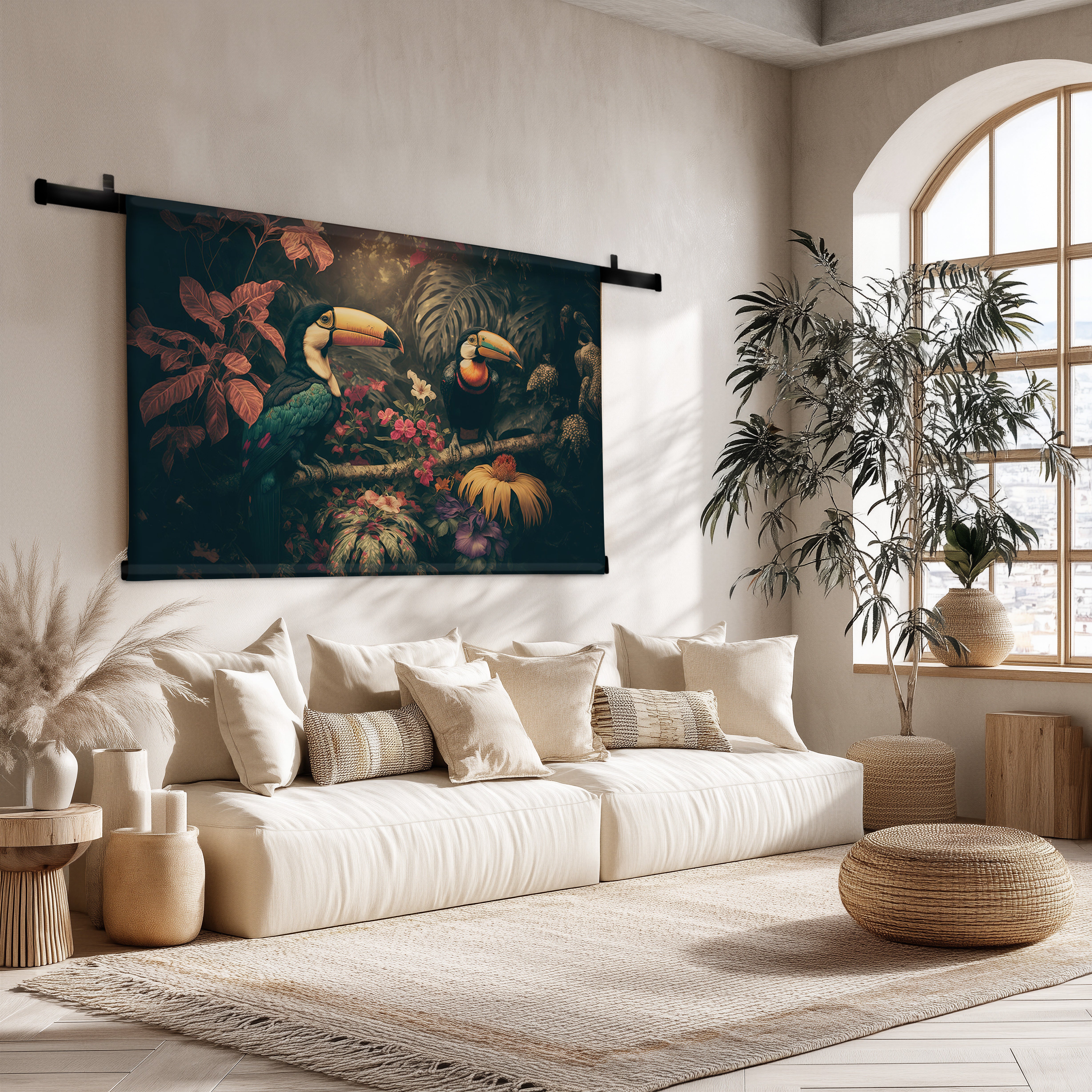 Tropisch wandkleed met toekans en weelderige planten, hangend boven een crèmekleurige bank in een lichte woonkamer.