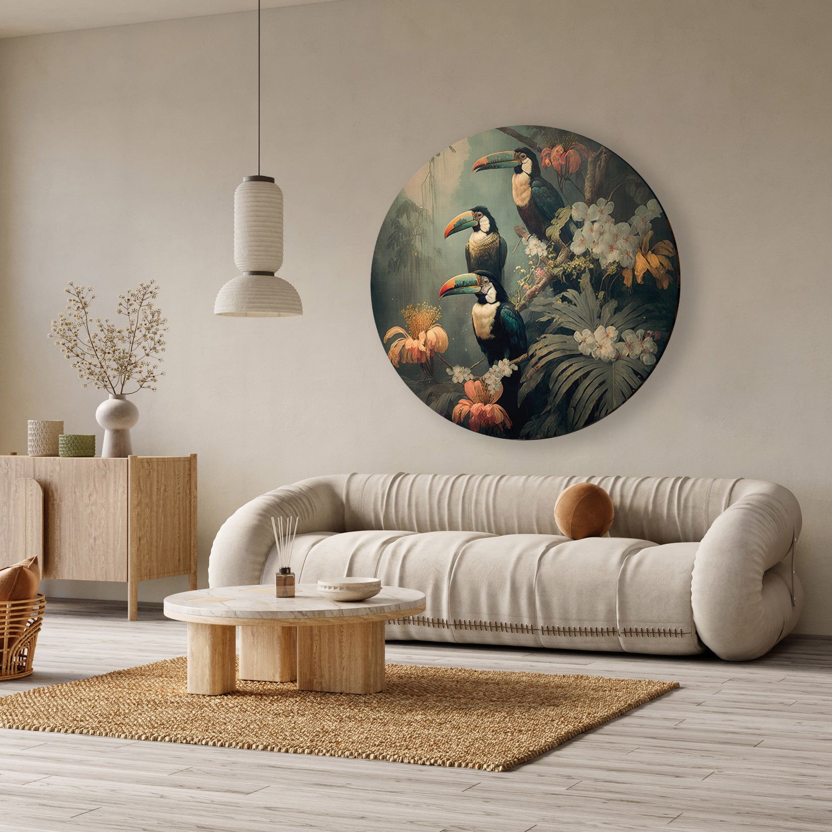 Ronde akoestische wanddecoratie met toekans en tropische bloemen in groen, oranje en wit, boven een beige bank.