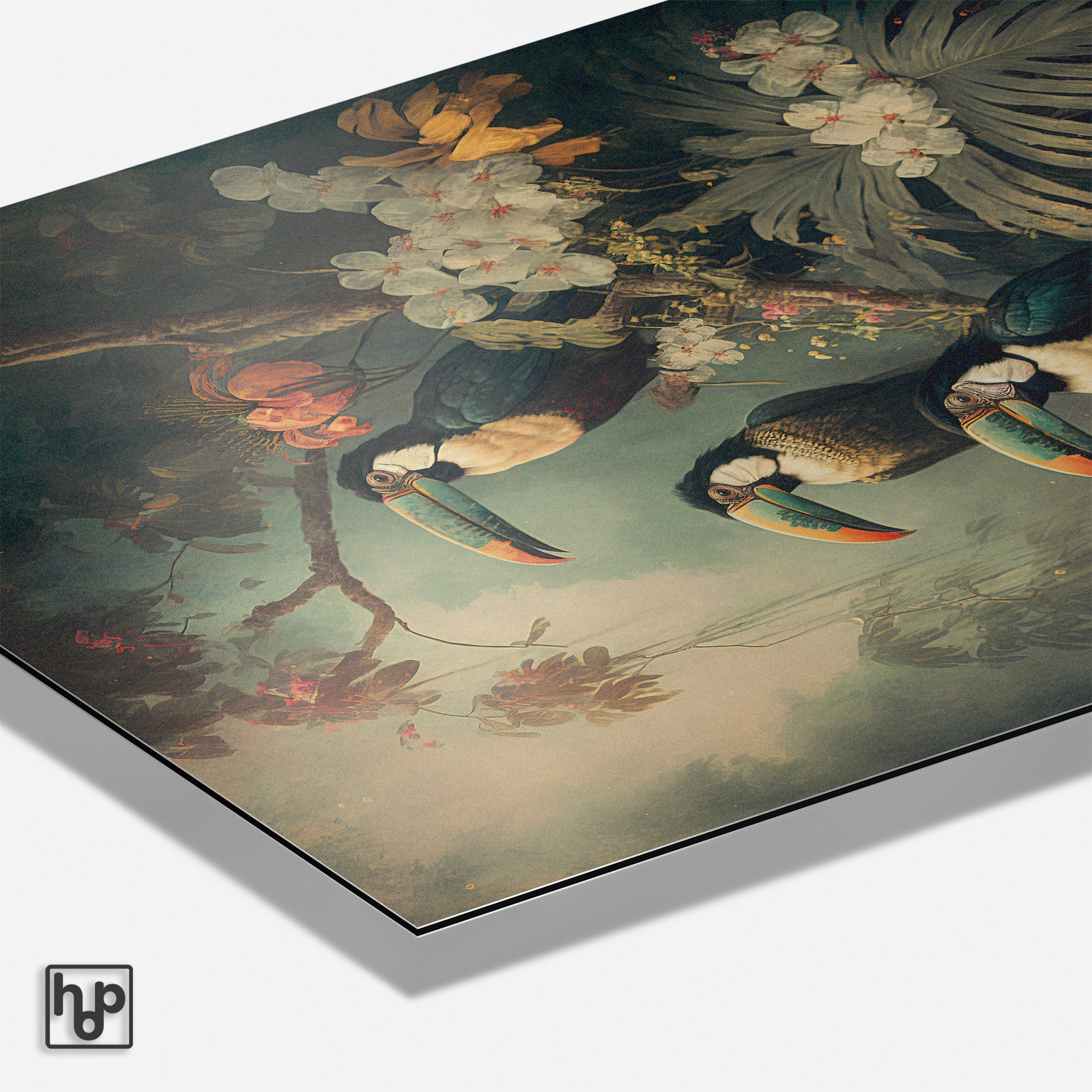 Vintage botanische poster met twee toekans, levendige tropische bladeren en bloemen.