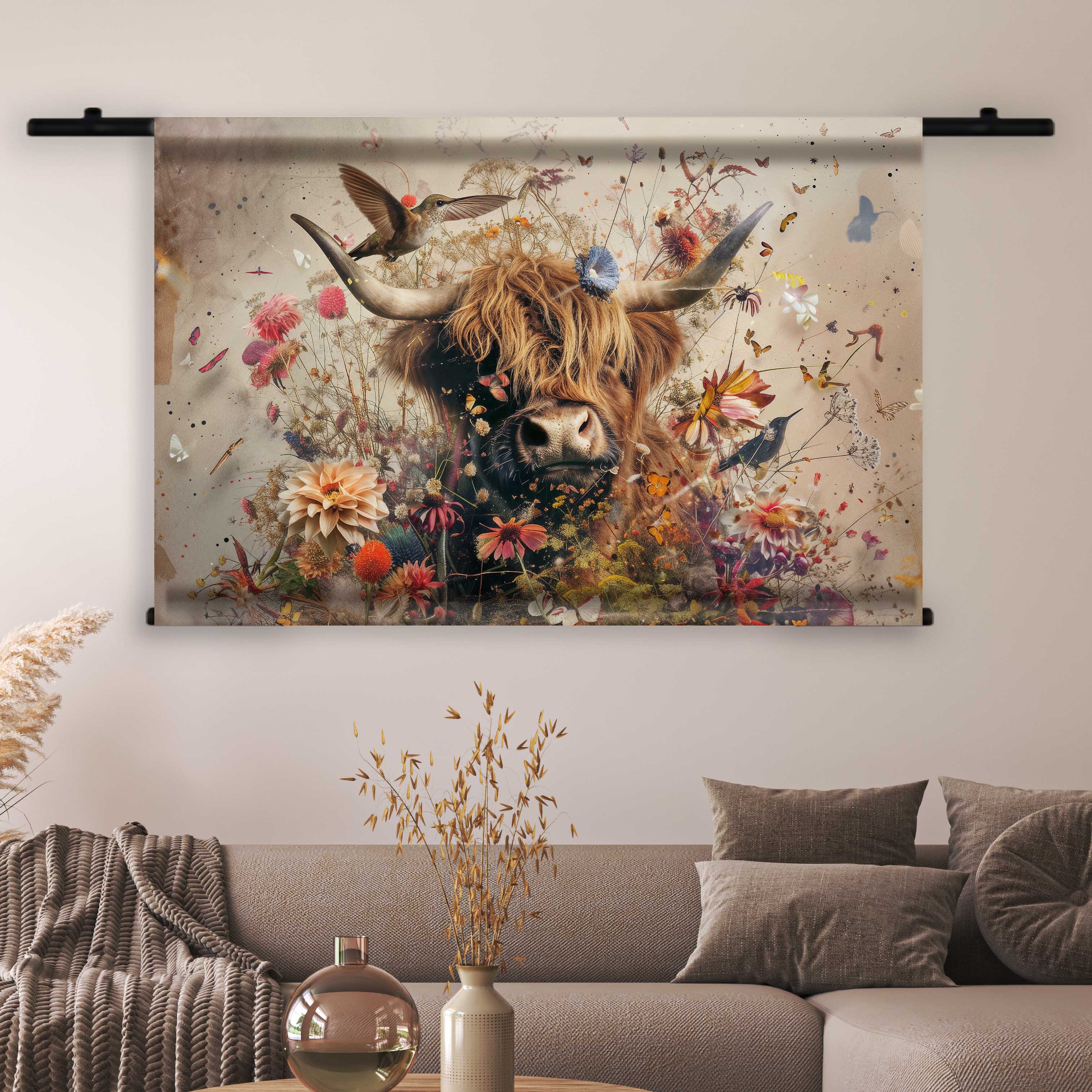Wandkleed schilderij landelijk met schotse hooglander