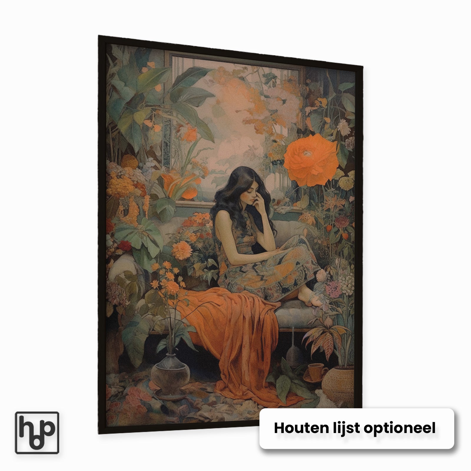 Aluminium Dibond schilderij Vrouw 2 met een optionele zwarte houten lijst.