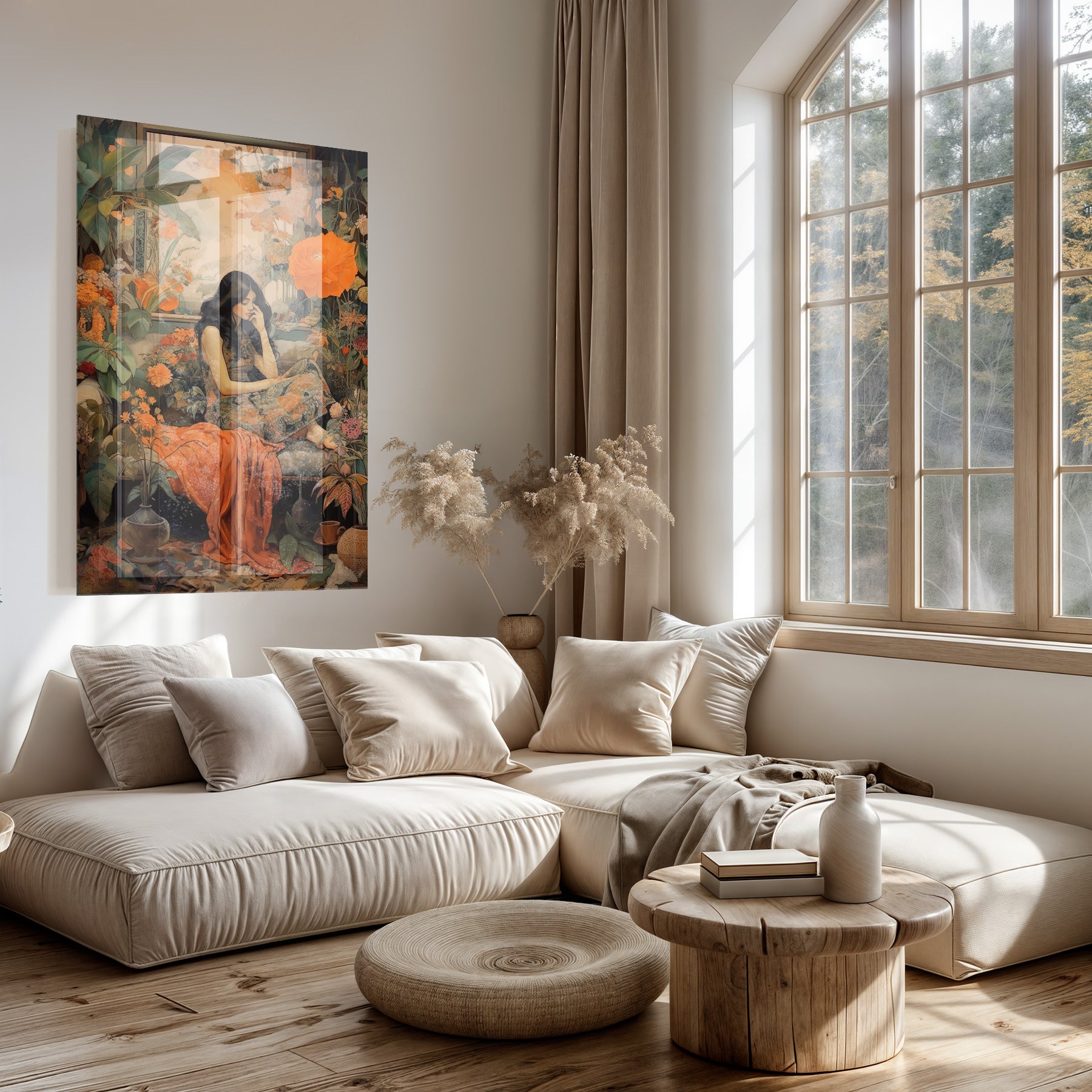 Plexiglas schilderij Vrouw 2 boven een lichte bank in een woonkamer.
