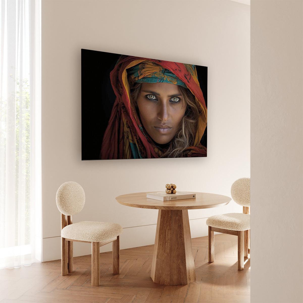 Liggende poster van een vrouw met kleurrijke hoofddoek en intense ogen, hangend boven een houten tafel met stoelen.