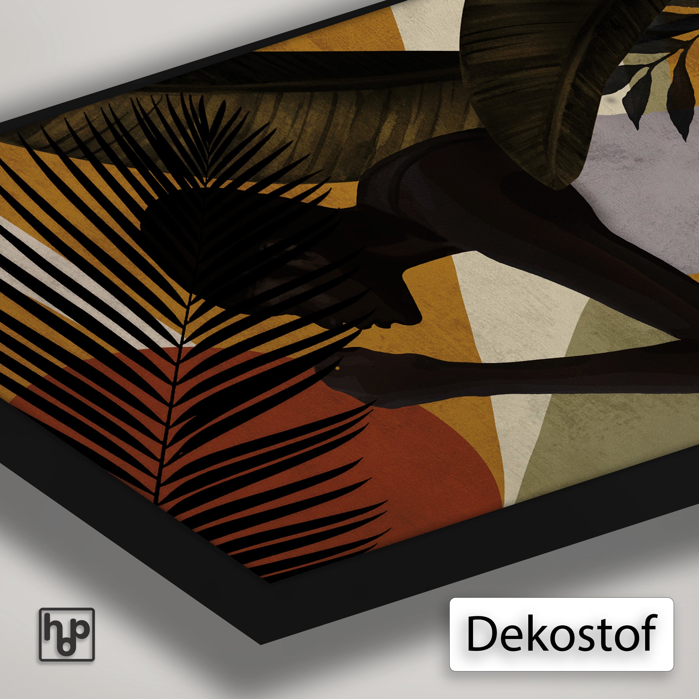 Detail van Artframe Vrouw 7 met dekostof en een zwart aluminium frame.
