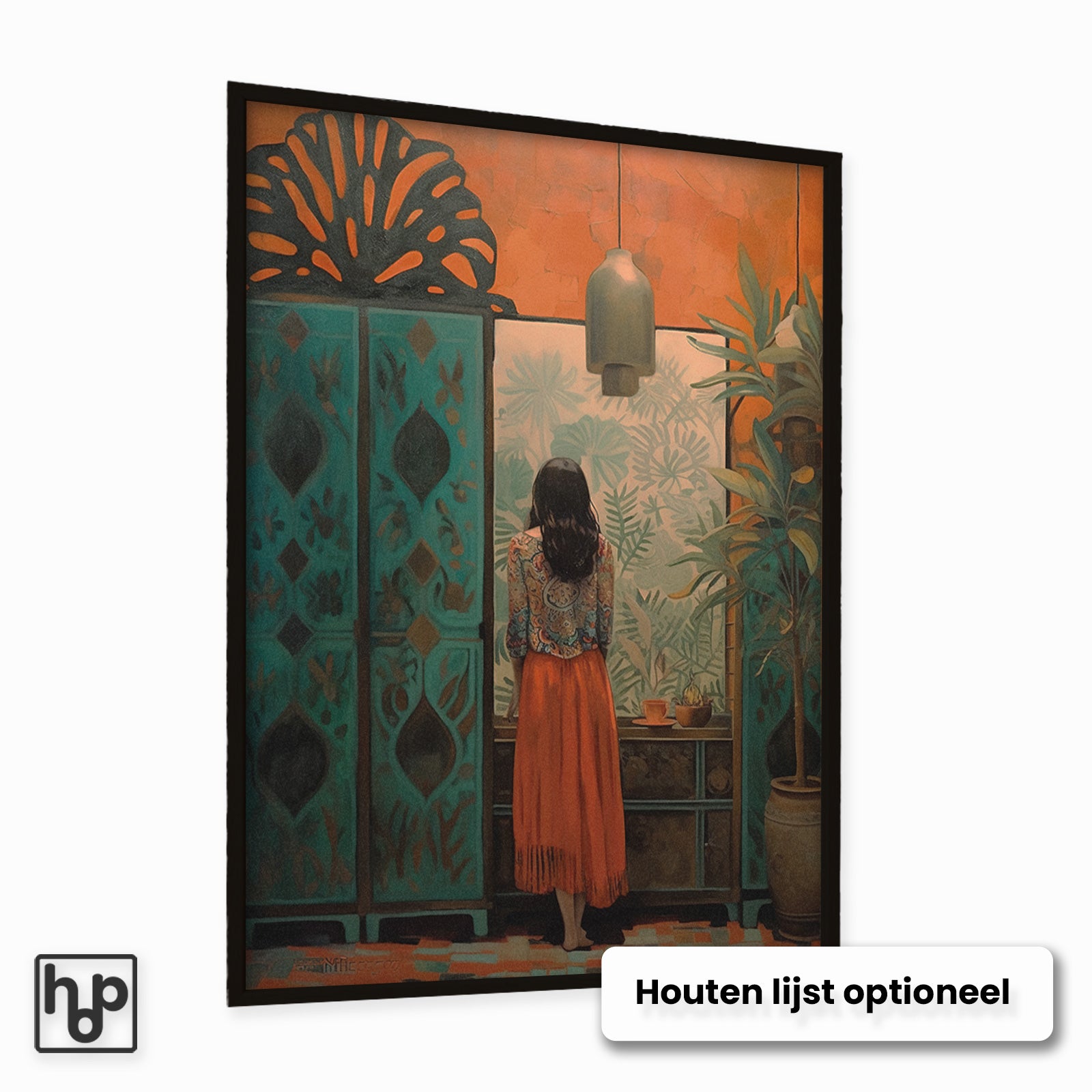 Stijlvolle poster van een vrouw in oranje rok voor een turquoise kast met botanische details.