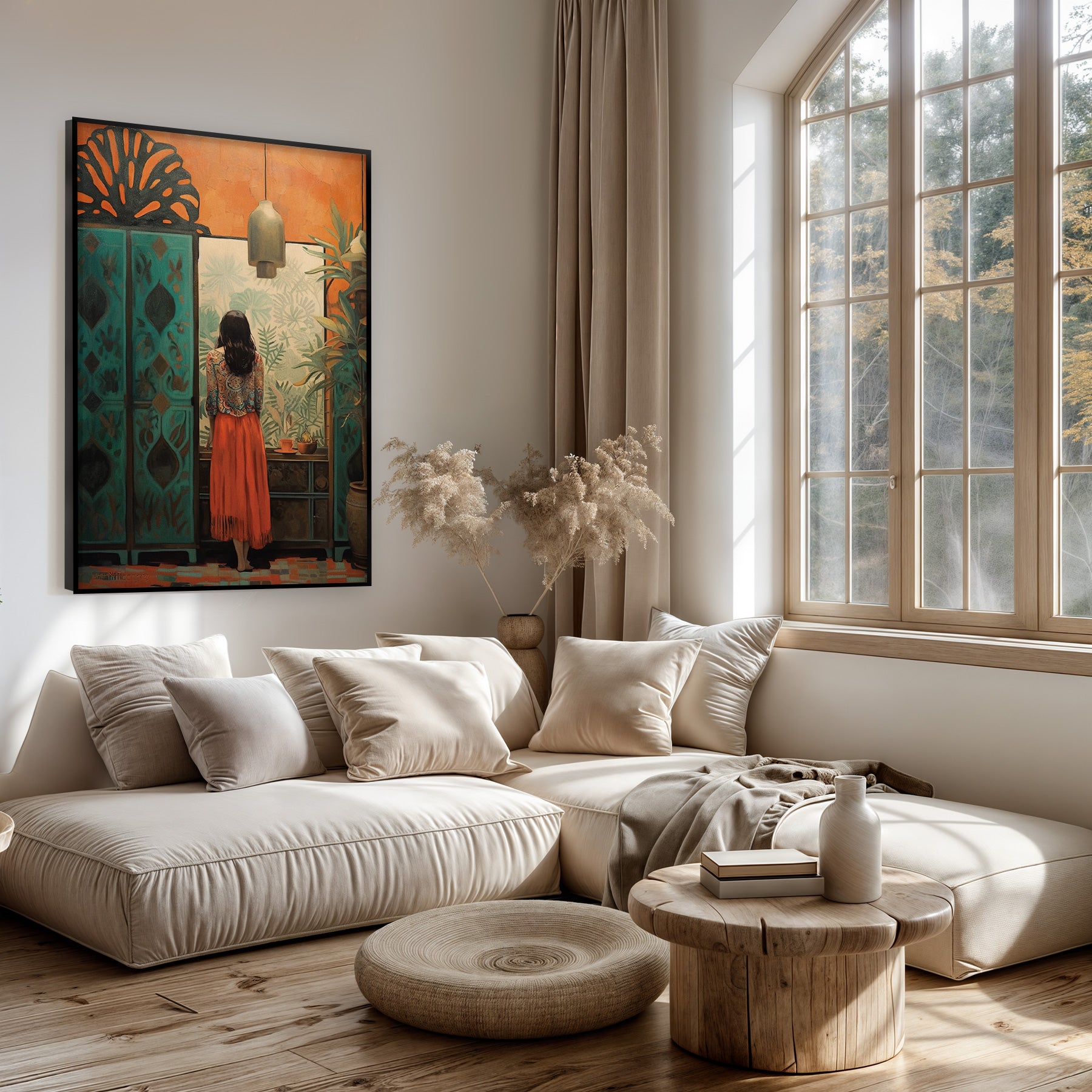 Artframe Vrouw boven een lichte bank in een woonkamer.