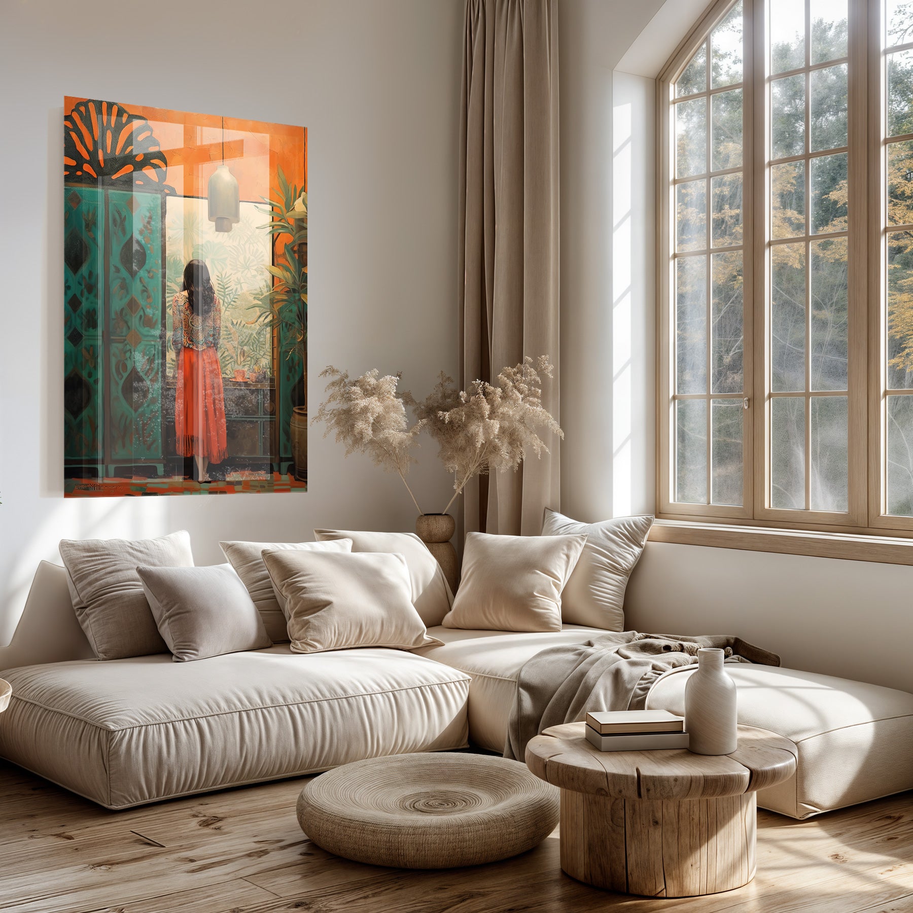 Plexiglas schilderij Vrouw boven een lichte bank in een woonkamer.