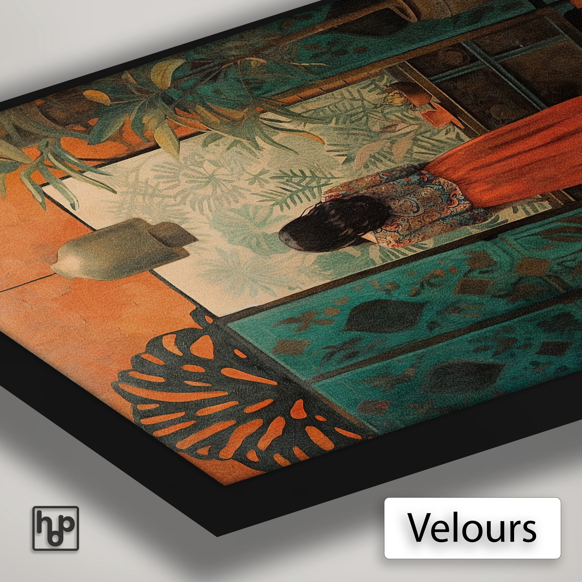 Detail van Artframe Vrouw met velours doek en een zwart aluminium frame.