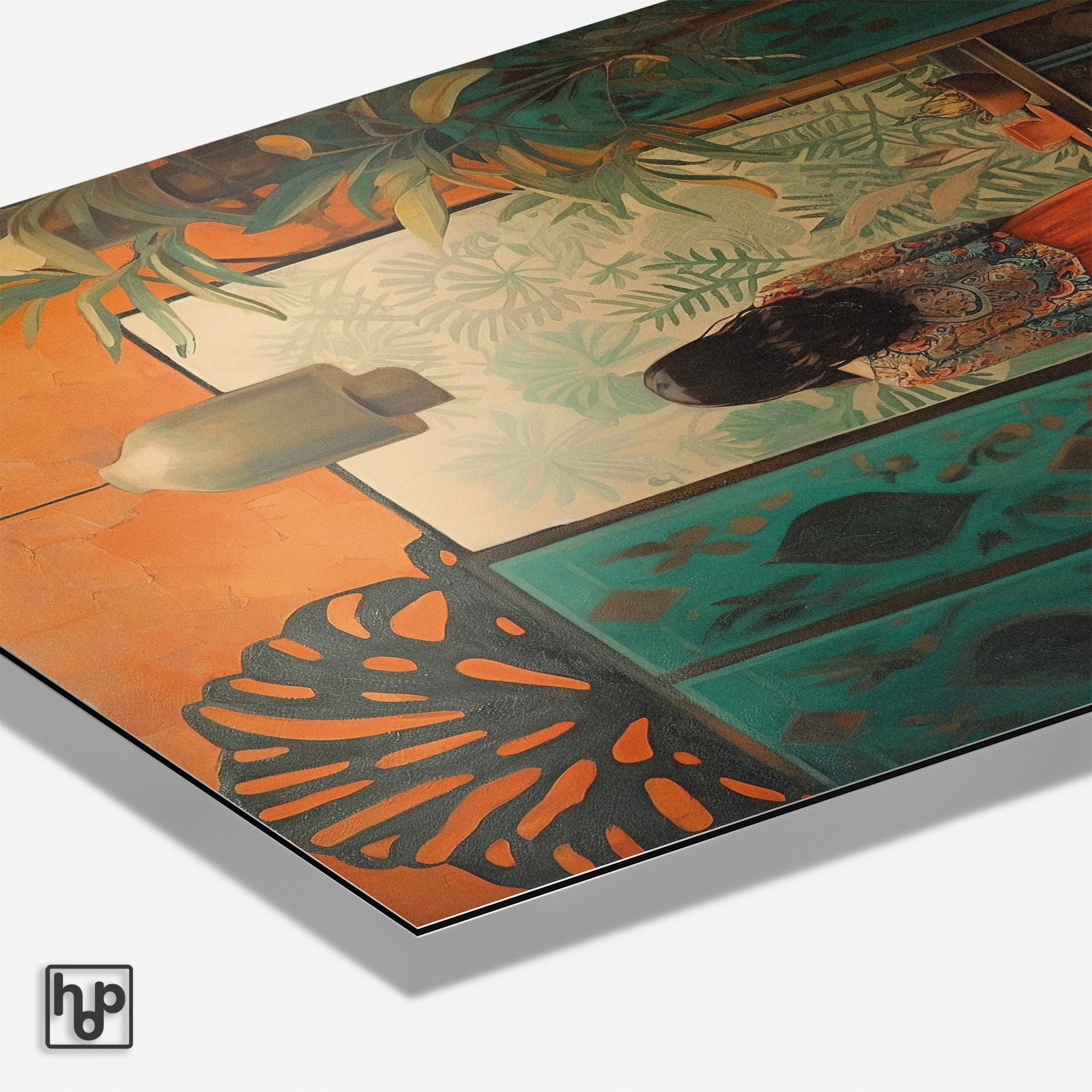 Botanische poster met Aziatische touch, vrouwfiguur en planten in warme tinten.
