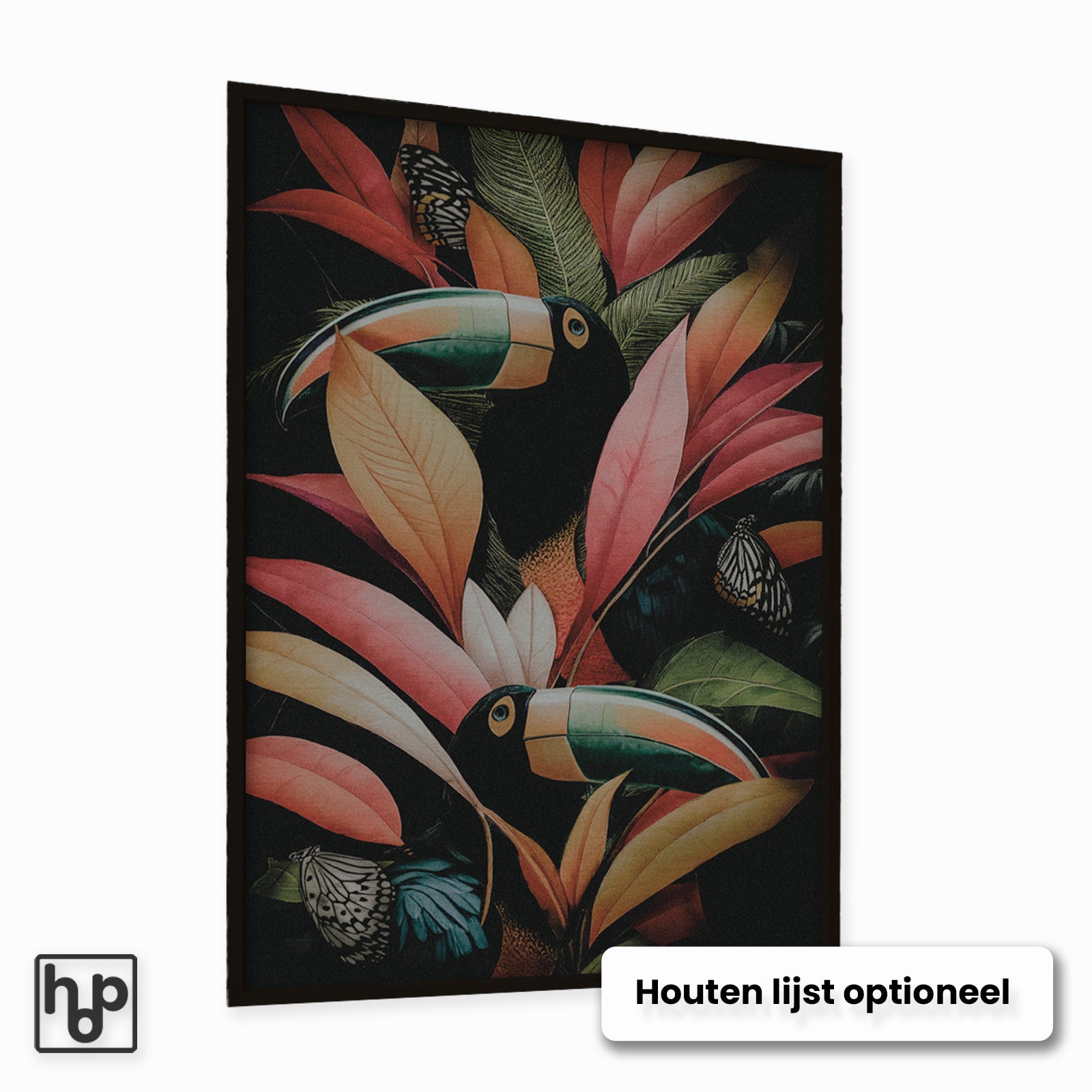 Staande poster met twee toekans en kleurrijke bladeren in rood, oranje en groen, met vlinders.
