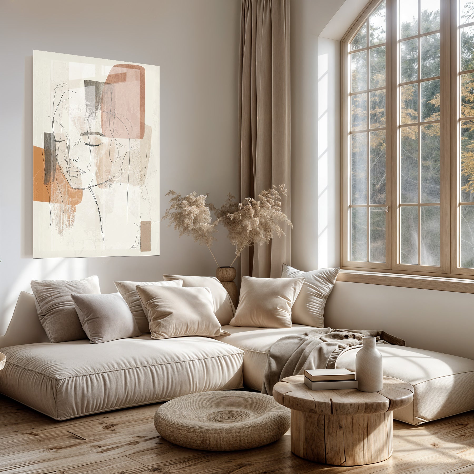 Plexiglas schilderij Ysra boven een lichte bank in een woonkamer.