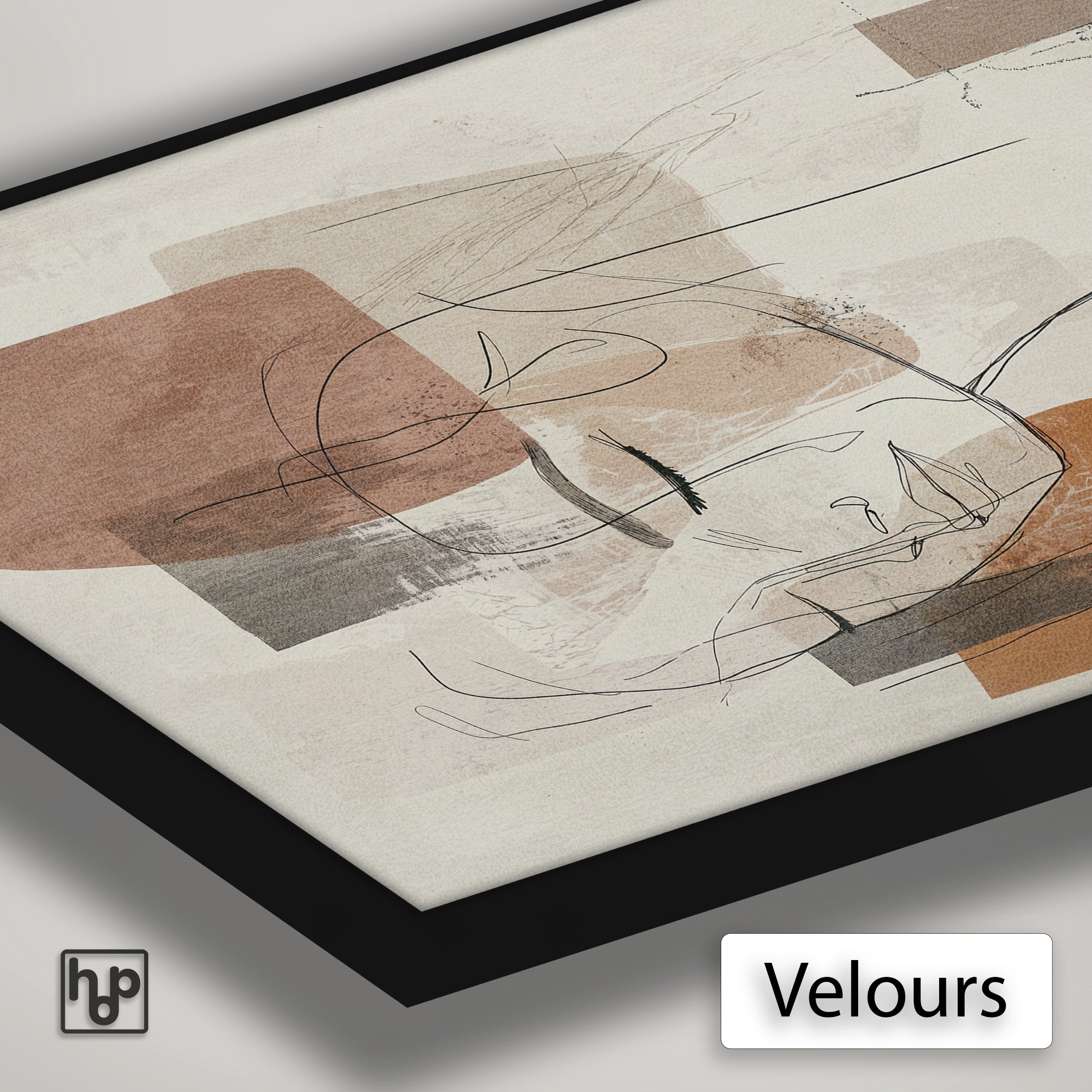 Detail van Artframe Ysra met velours doek en een zwart aluminium frame.