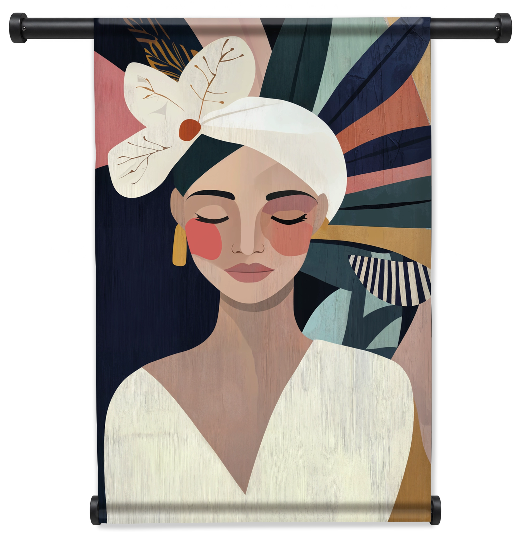 Wandkleed Amelia: vrouw met witte hoofddoek en een grote bloem.
