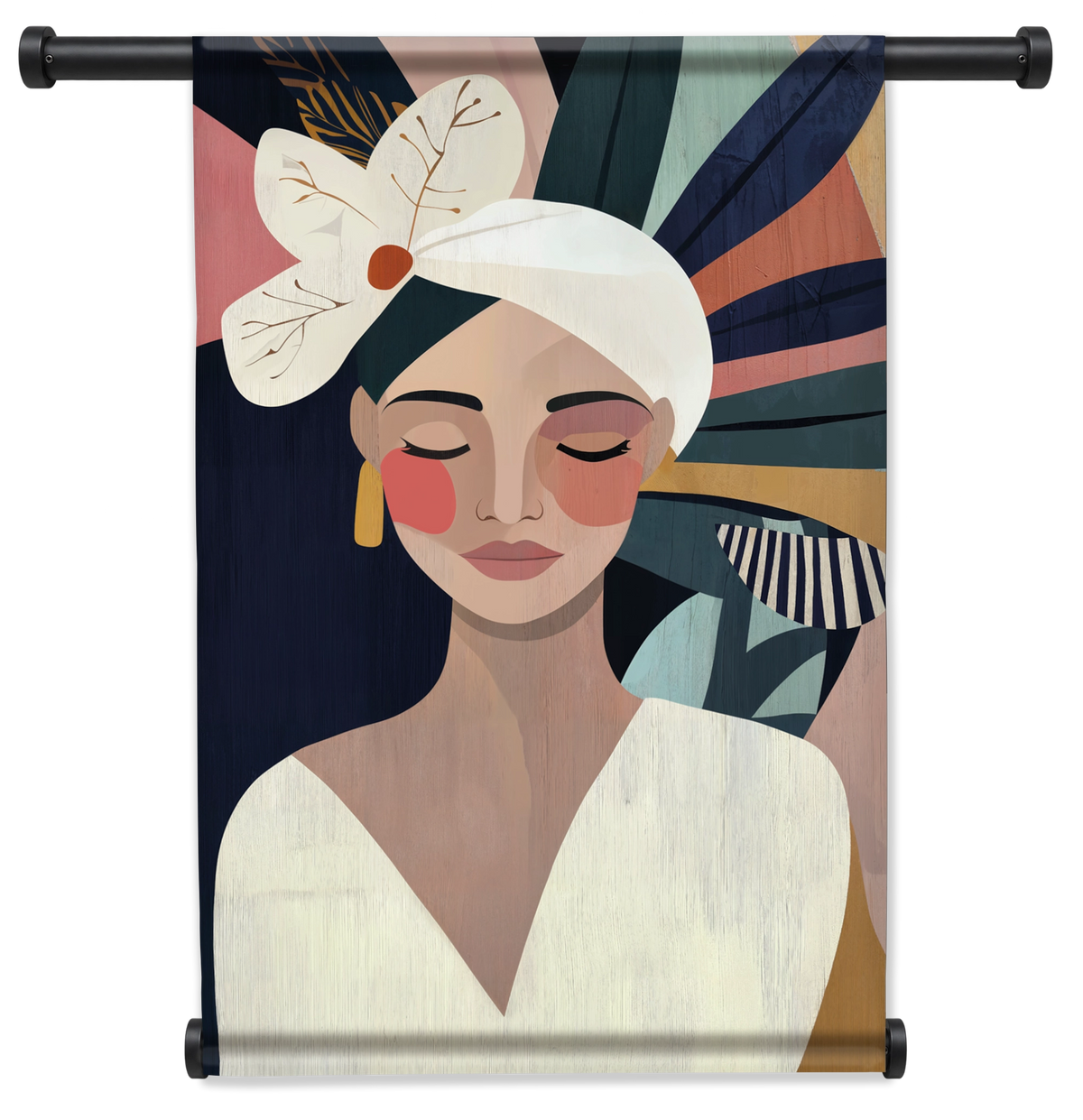 Wandkleed Amelia: vrouw met witte hoofddoek en een grote bloem.