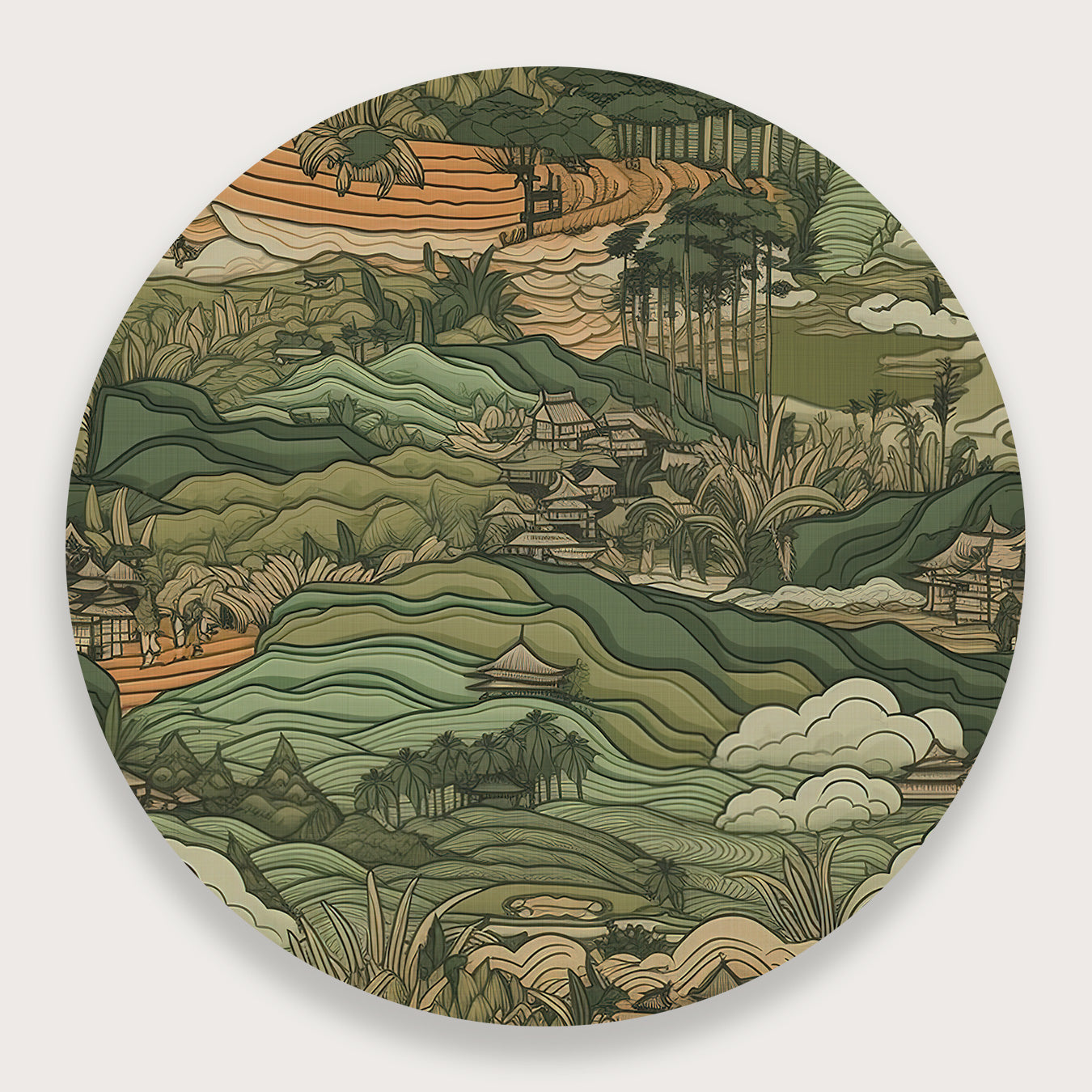 Aluminium muurcirkel Aziatisch landscape: gelaagd Aziatisch landschap met bergen, bomen en wolken.