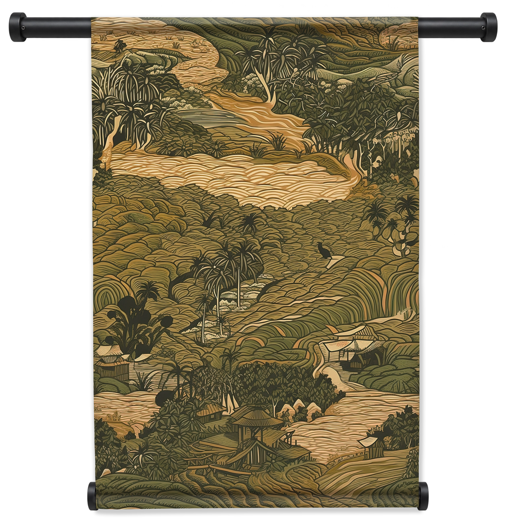 Wandkleed Aziatisch landschap 2: Aziatisch landschap met terrassen, palmbomen en slingerende rivier.
