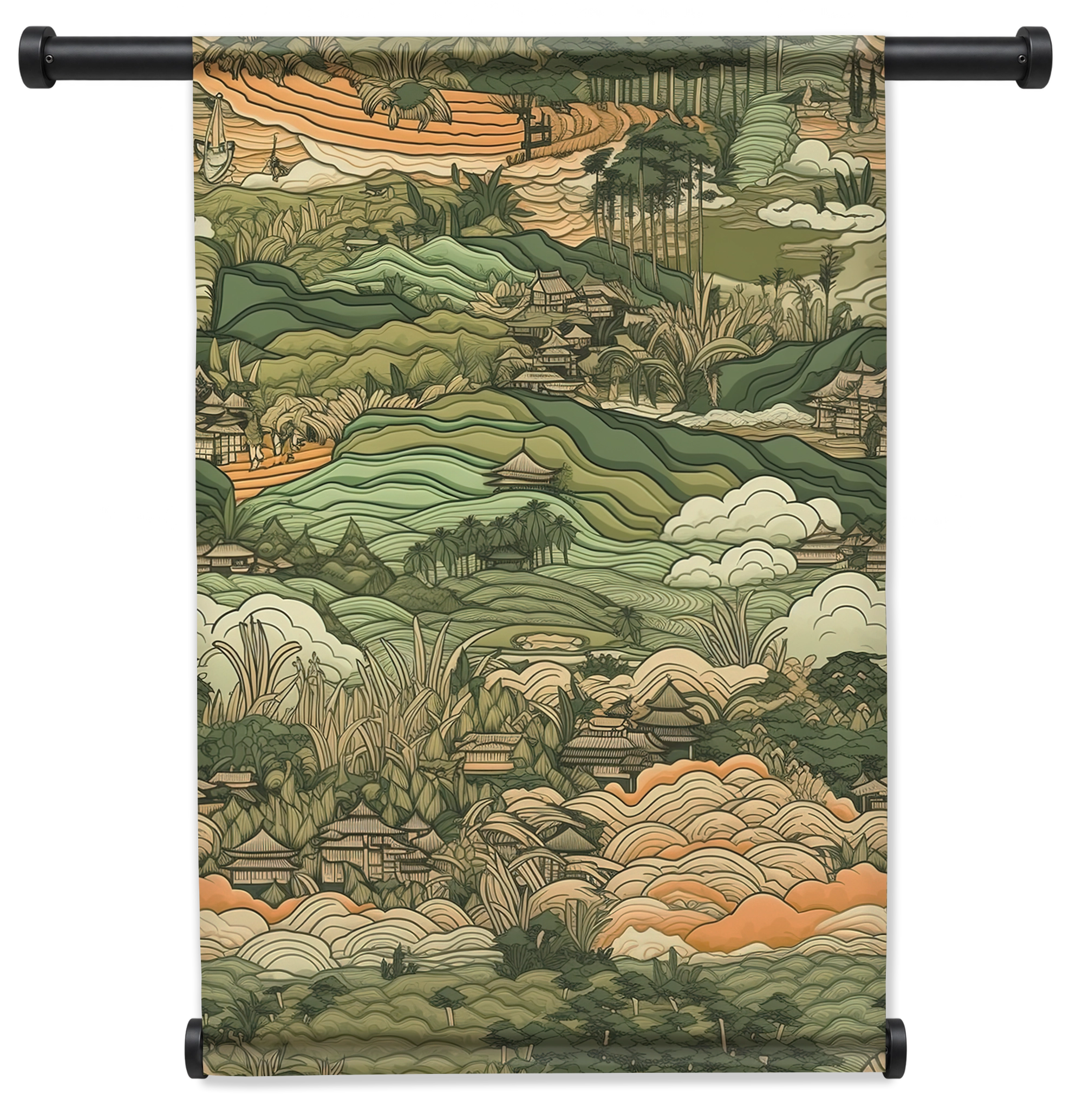 Wandkleed Aziatisch landschap: gelaagd Aziatisch landschap met bergen, bomen en wolken.