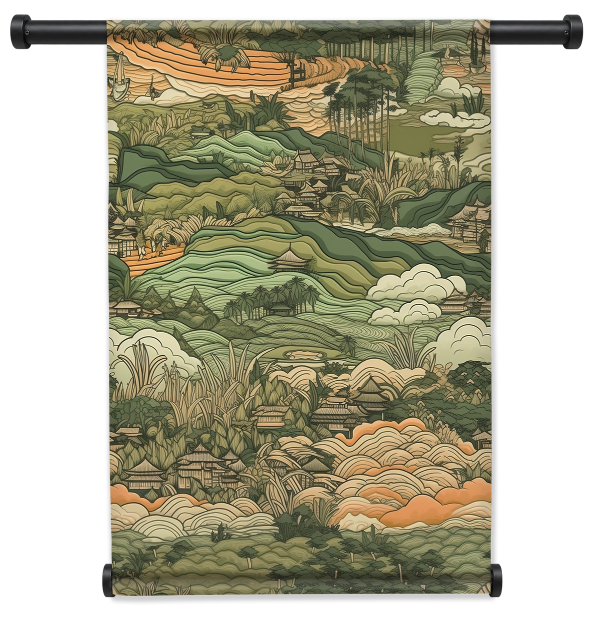 Wandkleed Aziatisch landschap: gelaagd Aziatisch landschap met bergen, bomen en wolken.