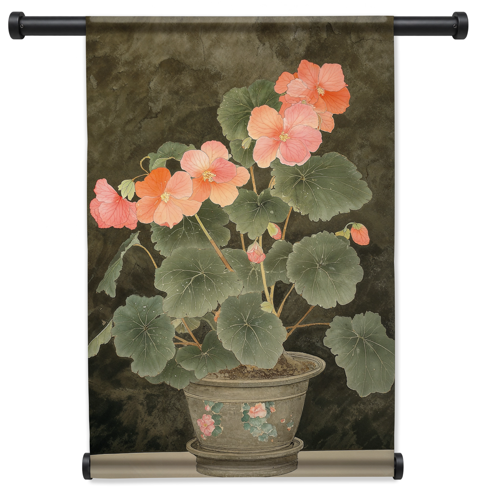 Wandkleed Begonia: begonia met roze bloemen in een sierpot.