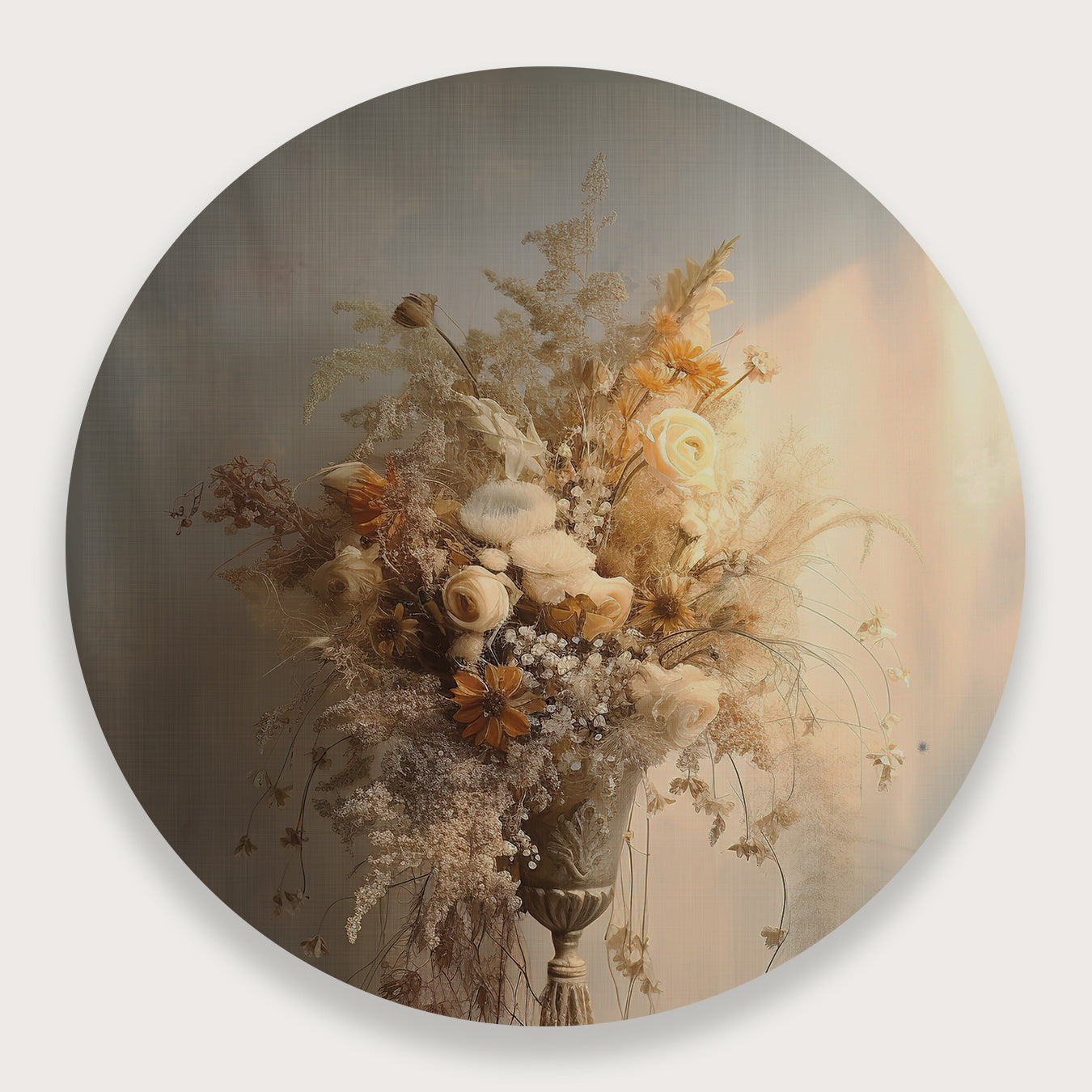 Aluminium muurcirkel Bloemen 10: licht boeket met droogbloemen tegen een beige achtergrond.