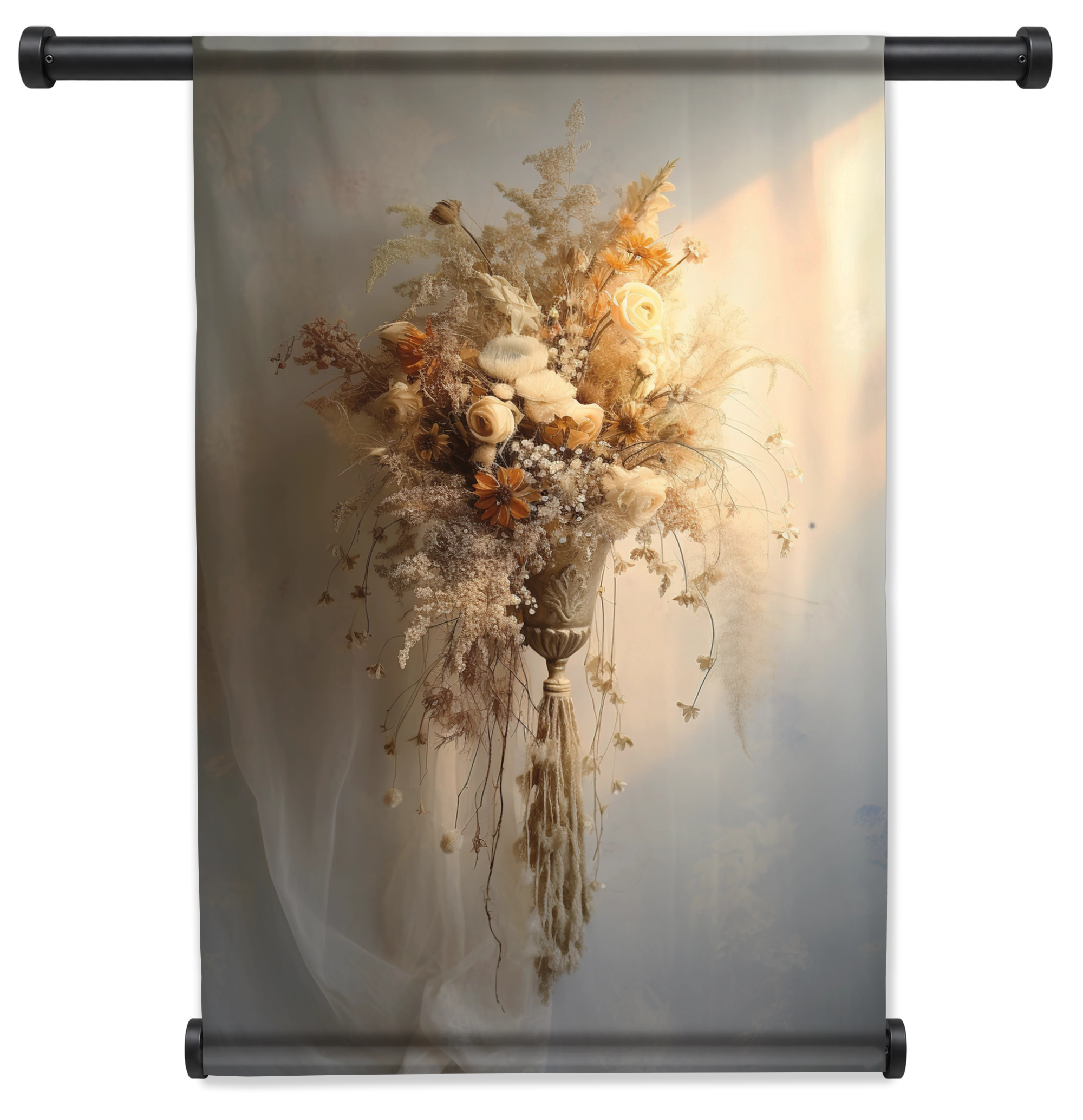 Wandkleed Bloemen 10: licht boeket met droogbloemen tegen een beige achtergrond.