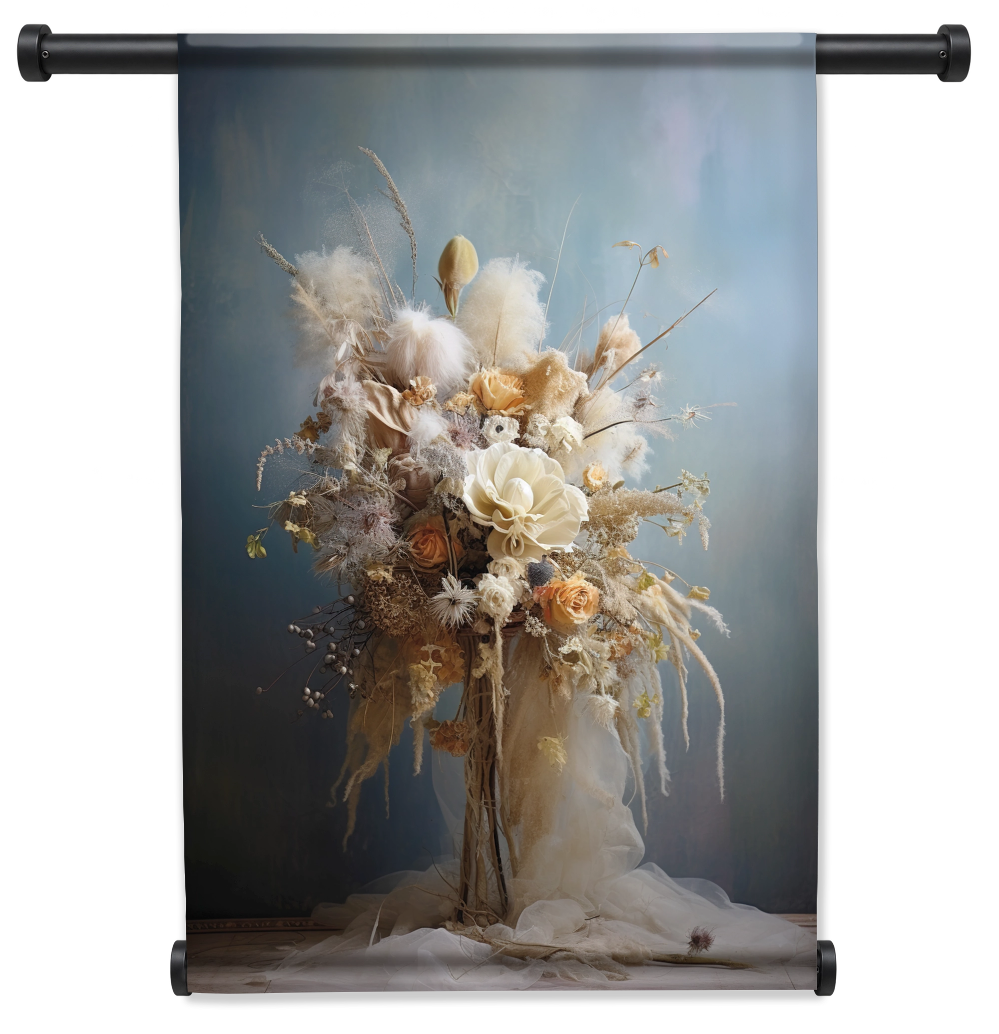 Wandkleed Bloemen 11: wit bloemenboeket tegen een blauwgrijze achtergrond.