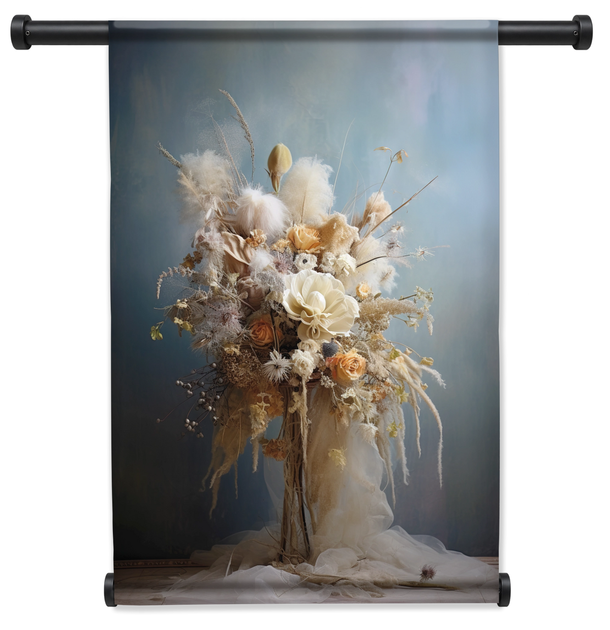 Wandkleed Bloemen 11: wit bloemenboeket tegen een blauwgrijze achtergrond.