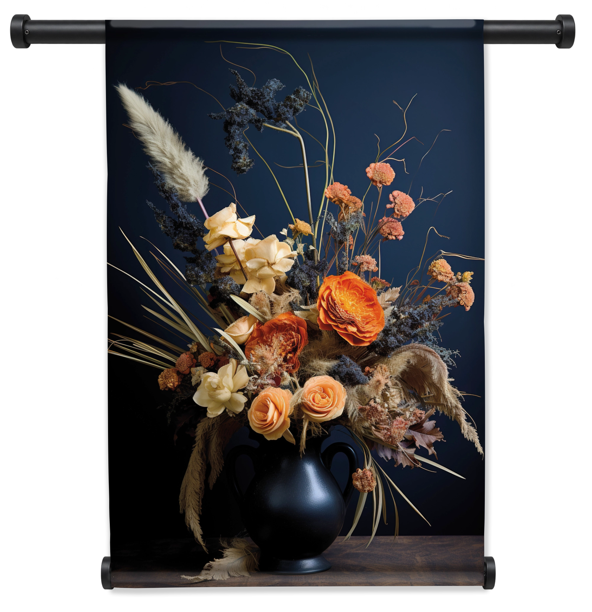 Wandkleed Bloemen 12: kleurrijk boeket met pluimen in een donkere vaas.
