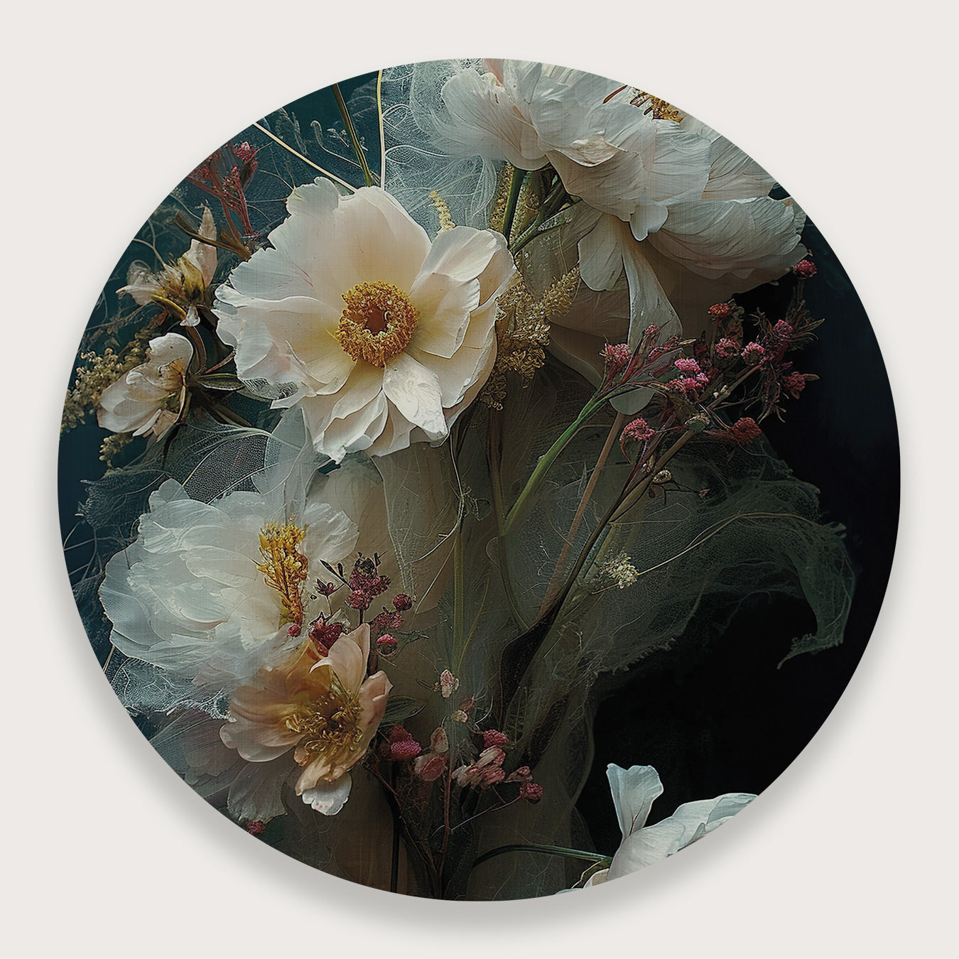 Aluminium muurcirkel Bloemen 14: grote witte bloemen tegen een donkergroene achtergrond.