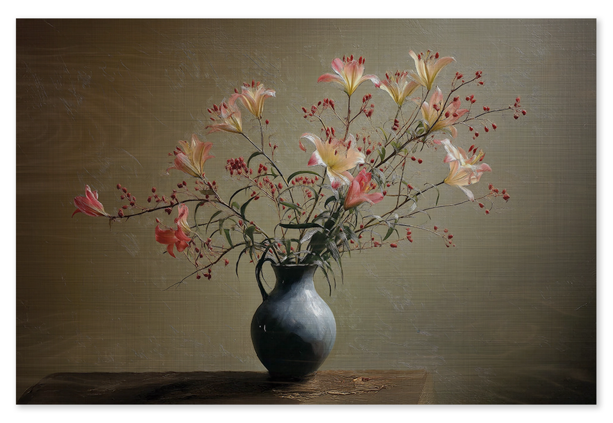 Houten wanddecoratie Bloemen 15: bloesemtakken in een donkere vaas op een houten tafel.