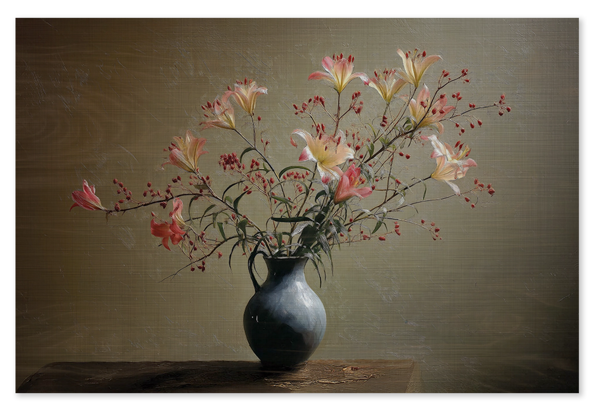 Houten wanddecoratie Bloemen 15: bloesemtakken in een donkere vaas op een houten tafel.
