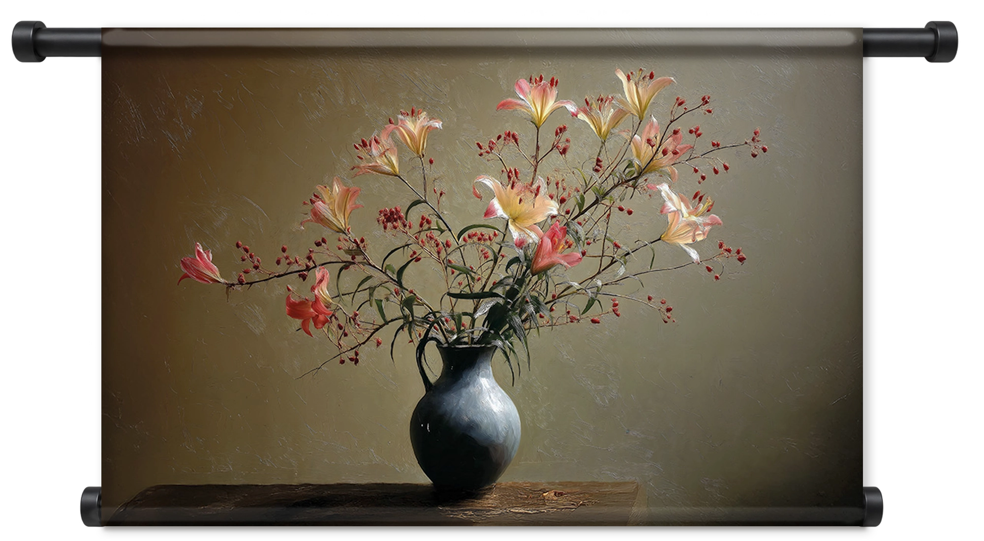 Wandkleed Bloemen 15: bloesemtakken in een donkere vaas op een houten tafel.