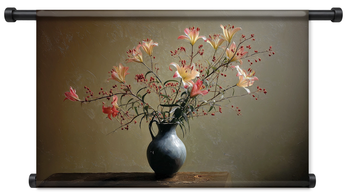 Wandkleed Bloemen 15: bloesemtakken in een donkere vaas op een houten tafel.
