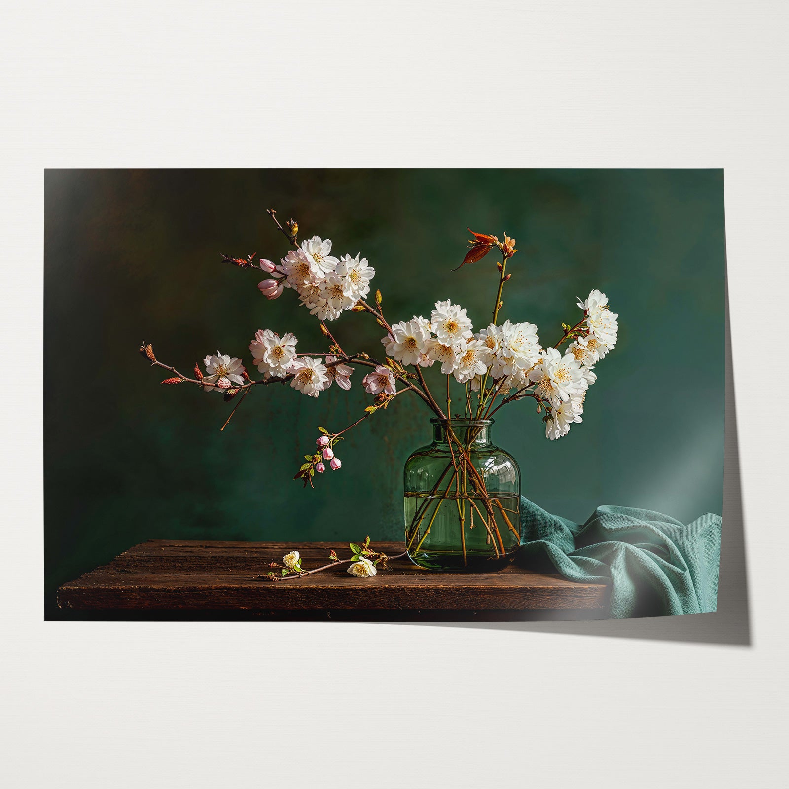 Papieren poster Bloemen 16: witte bloesem in een glazen vaas tegen een groene achtergrond.
