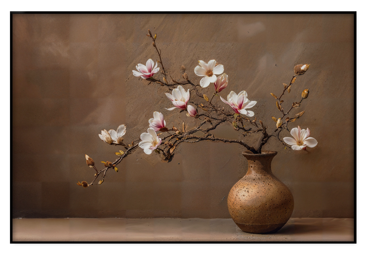 Artframe Bloemen 17: roze en witte bloesemtakken in een ronde bruine vaas.