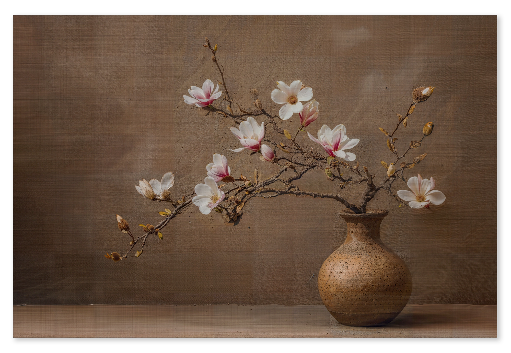 Houten wanddecoratie Bloemen 17: roze en witte bloesemtakken in een ronde bruine vaas.