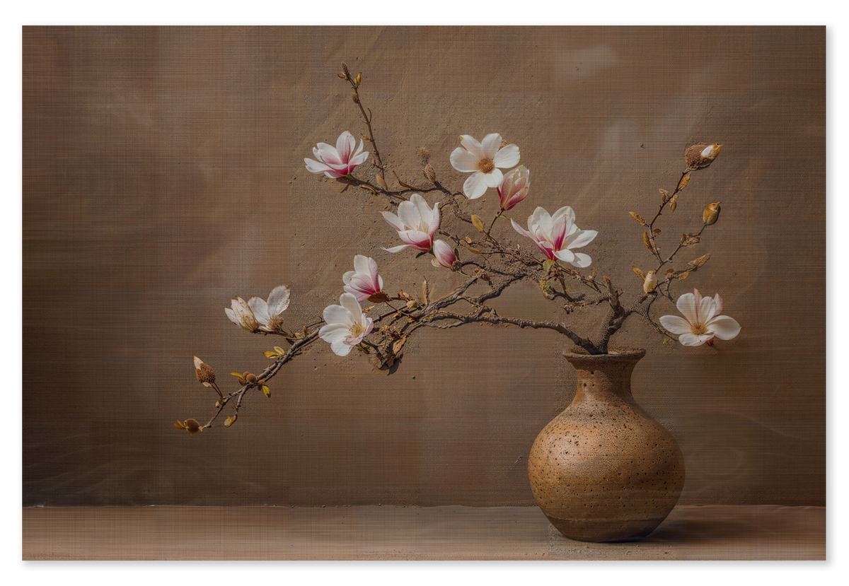 Houten wanddecoratie Bloemen 17: roze en witte bloesemtakken in een ronde bruine vaas.
