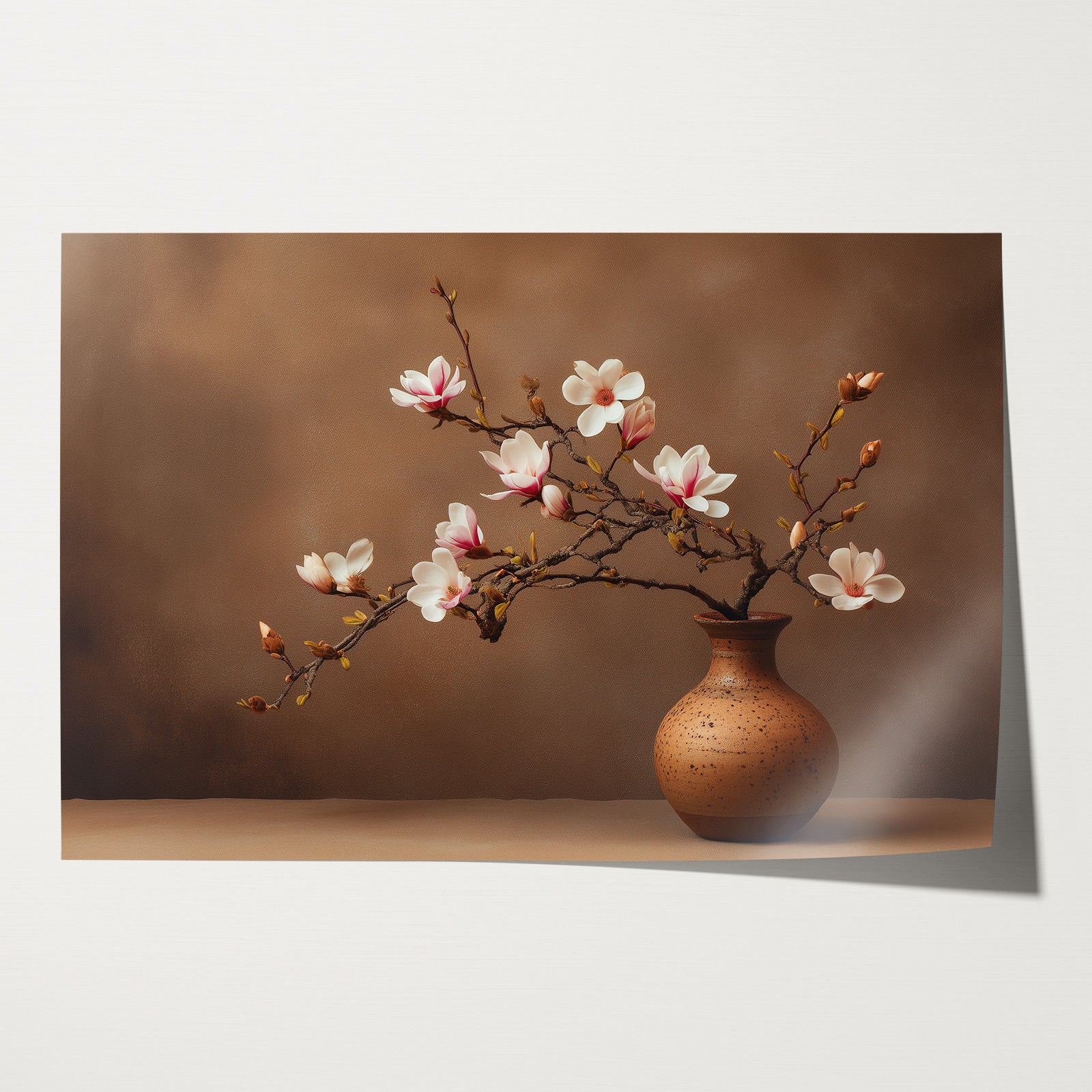 Papieren poster Bloemen 17: roze en witte bloesemtakken in een ronde bruine vaas.