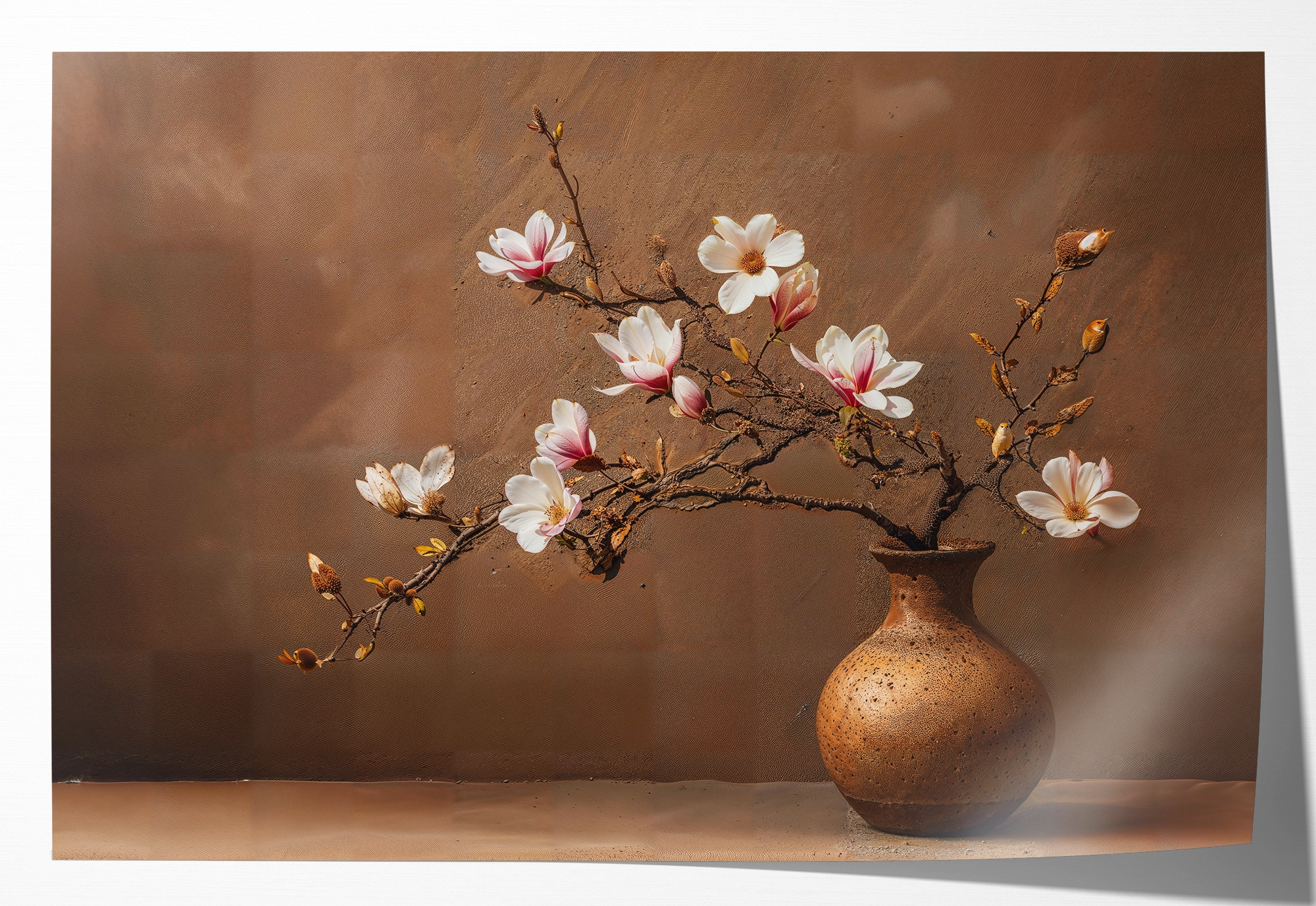 Papieren poster Bloemen 17: roze en witte bloesemtakken in een ronde bruine vaas.