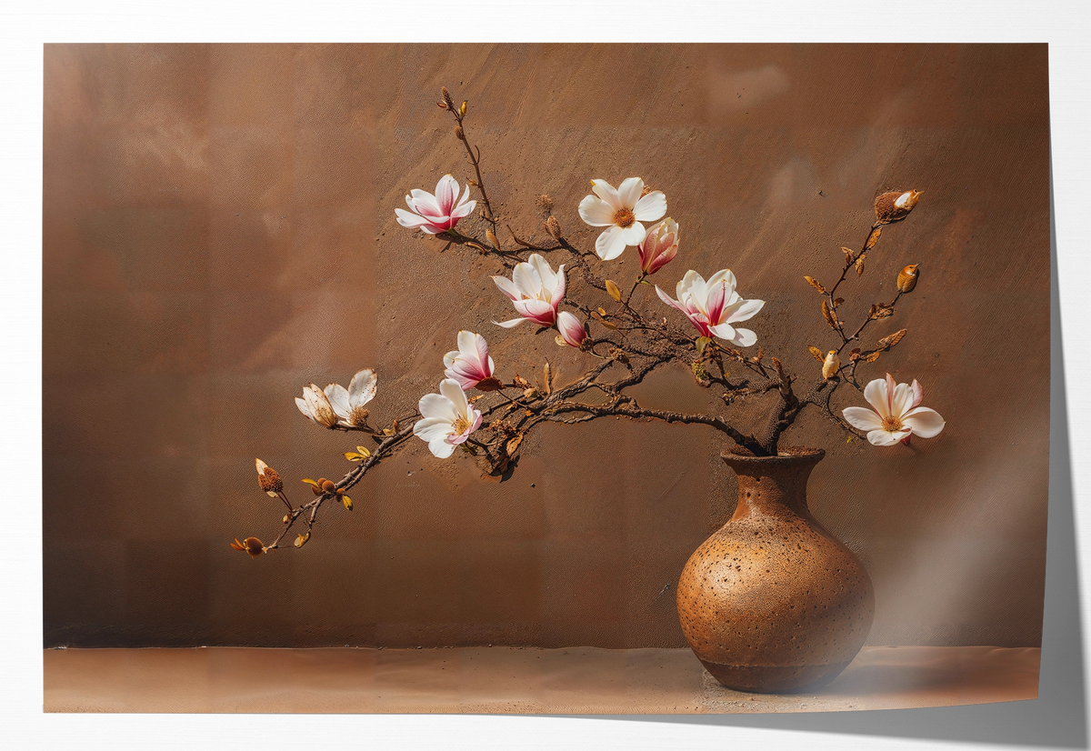 Papieren poster Bloemen 17: roze en witte bloesemtakken in een ronde bruine vaas.
