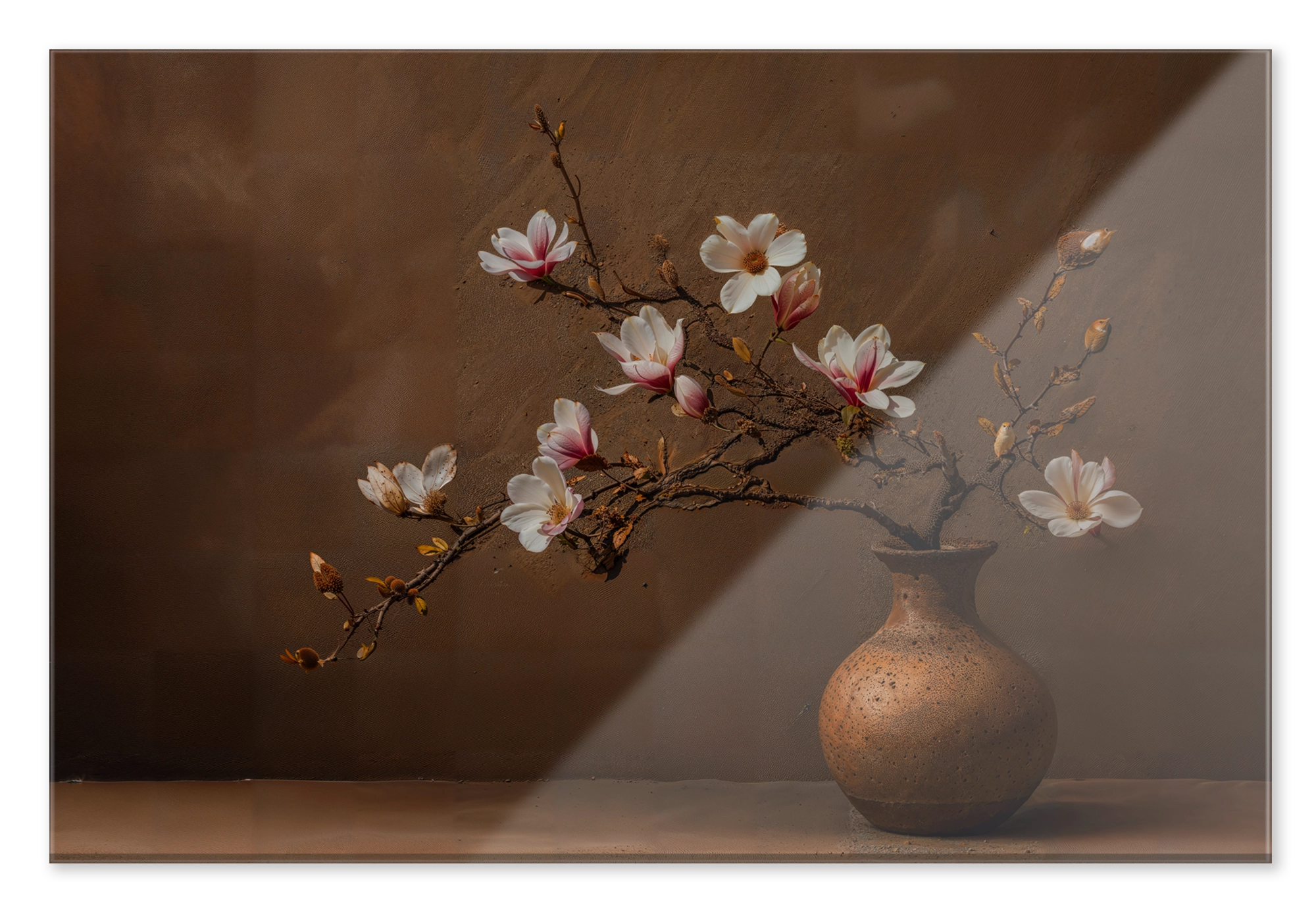 Plexiglas schilderij Bloemen 17: roze en witte bloesemtakken in een ronde bruine vaas.