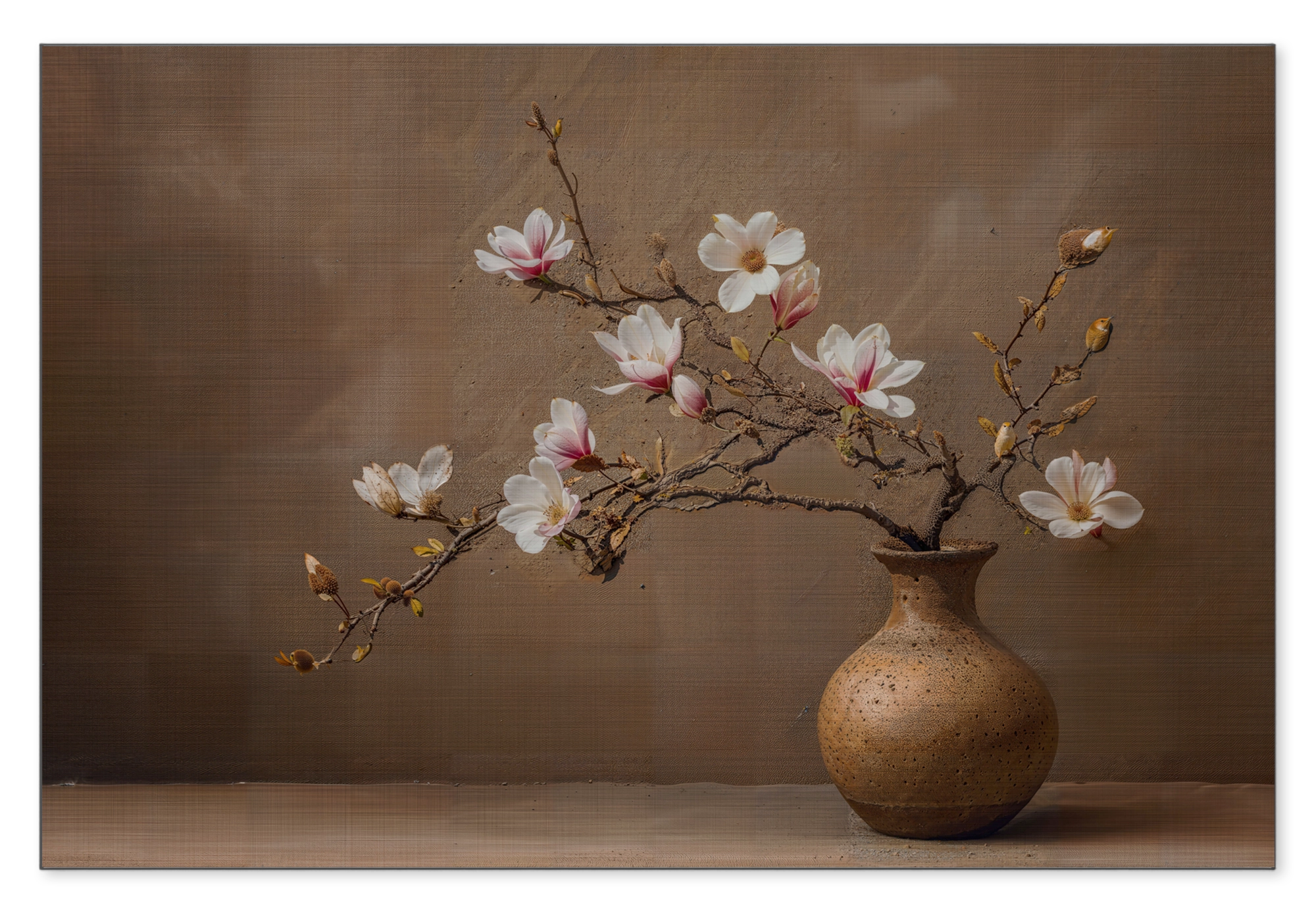 Aluminium Dibond schilderij Bloemen 17: roze en witte bloesemtakken in een ronde bruine vaas.