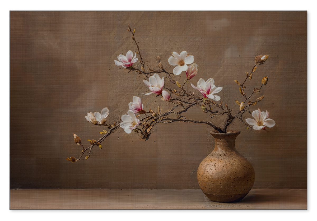 Aluminium Dibond schilderij Bloemen 17: roze en witte bloesemtakken in een ronde bruine vaas.