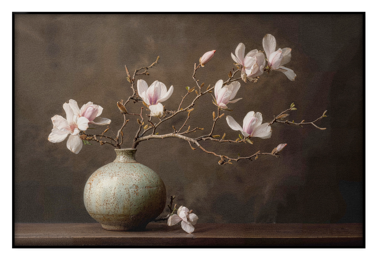 Akoestisch paneel Bloemen 18: zachtroze magnoliabloesems in een ronde groene vaas tegen een donkerbruine achtergrond.