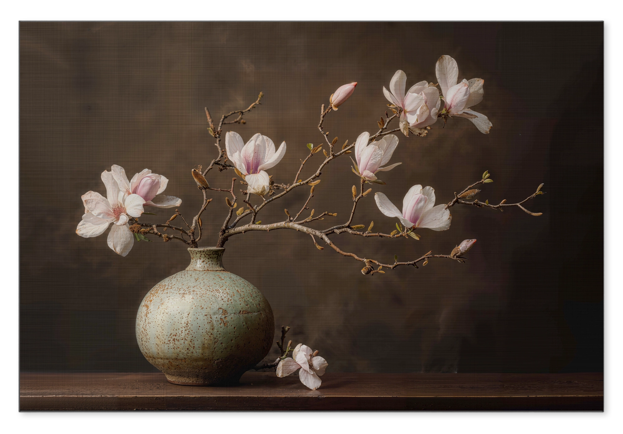 Aluminium Bloemen 18: zachtroze magnoliabloesems in een ronde groene vaas tegen een donkerbruine achtergrond.