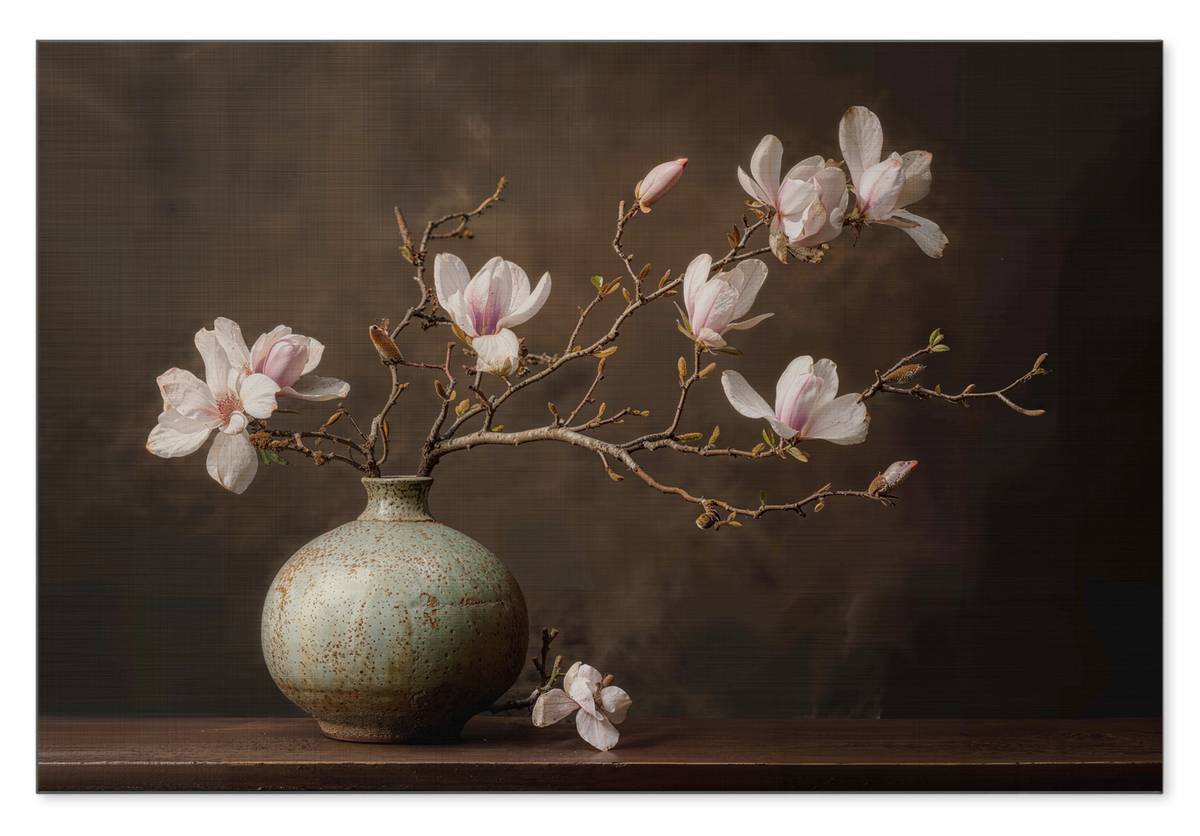 Aluminium Bloemen 18: zachtroze magnoliabloesems in een ronde groene vaas tegen een donkerbruine achtergrond.