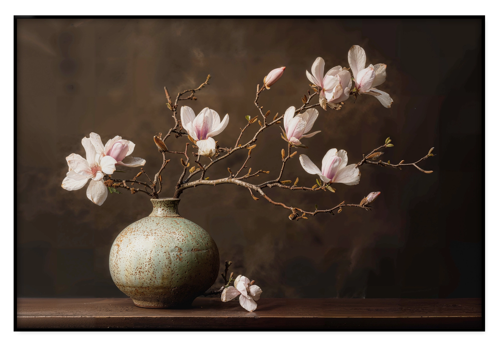 Artframe Bloemen 18: zachtroze magnoliabloesems in een ronde groene vaas tegen een donkerbruine achtergrond.