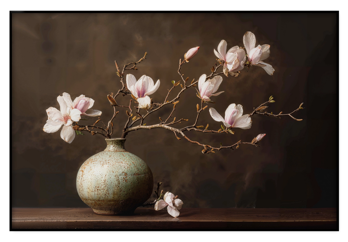 Artframe Bloemen 18: zachtroze magnoliabloesems in een ronde groene vaas tegen een donkerbruine achtergrond.