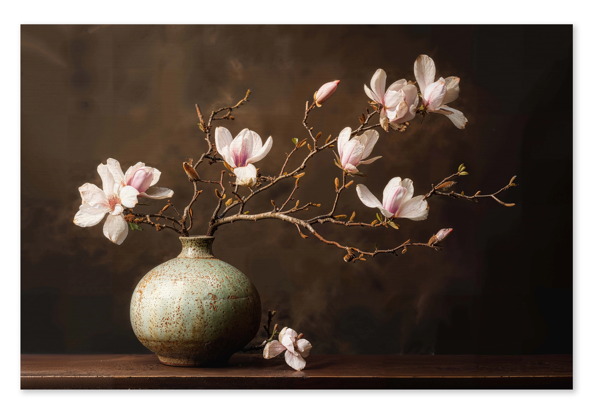Canvas Bloemen 18: zachtroze magnoliabloesems in een ronde groene vaas tegen een donkerbruine achtergrond.