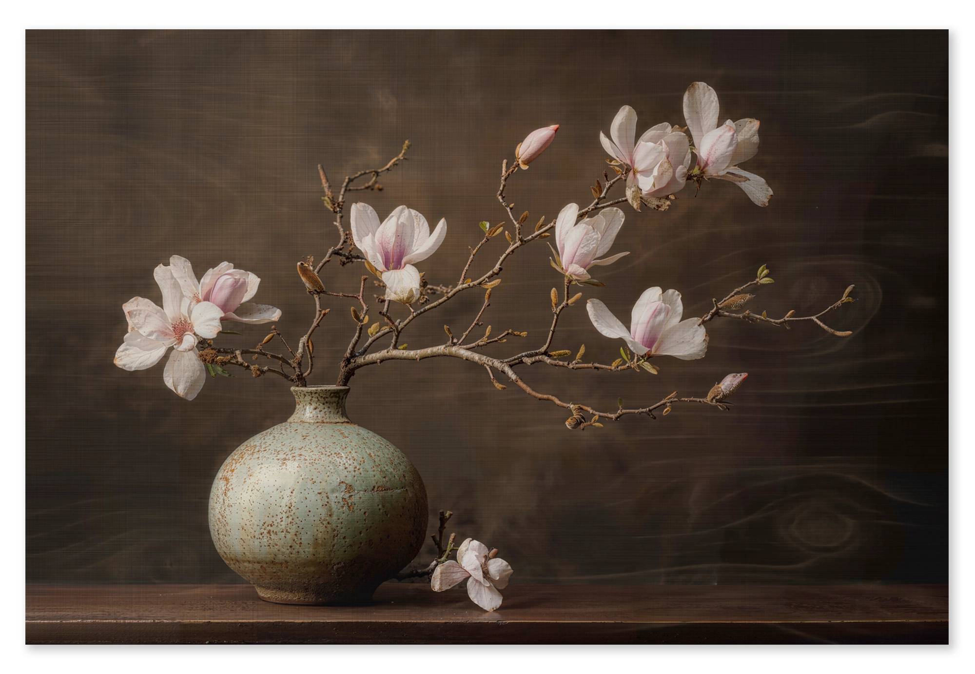 Hout Bloemen 18: zachtroze magnoliabloesems in een ronde groene vaas tegen een donkerbruine achtergrond.